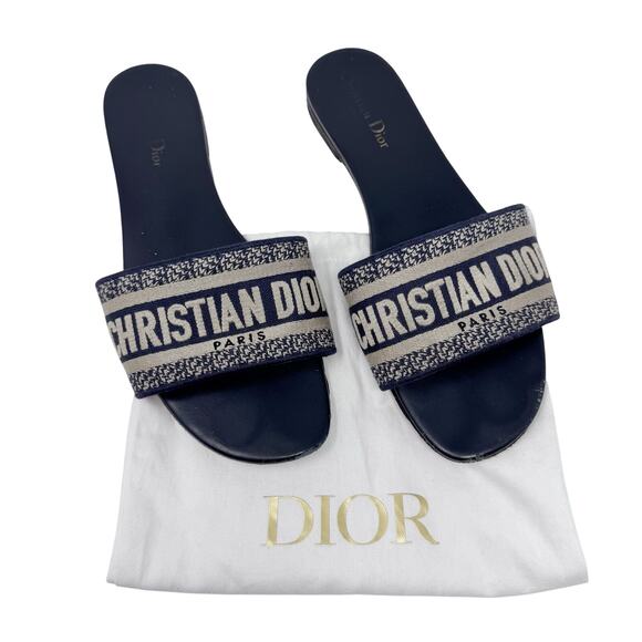 CHRISTIAN DIOR Dway Navy Blue White Slide Sandal Embroidered Logo EU 39 US 9 - Picture 1 of 12